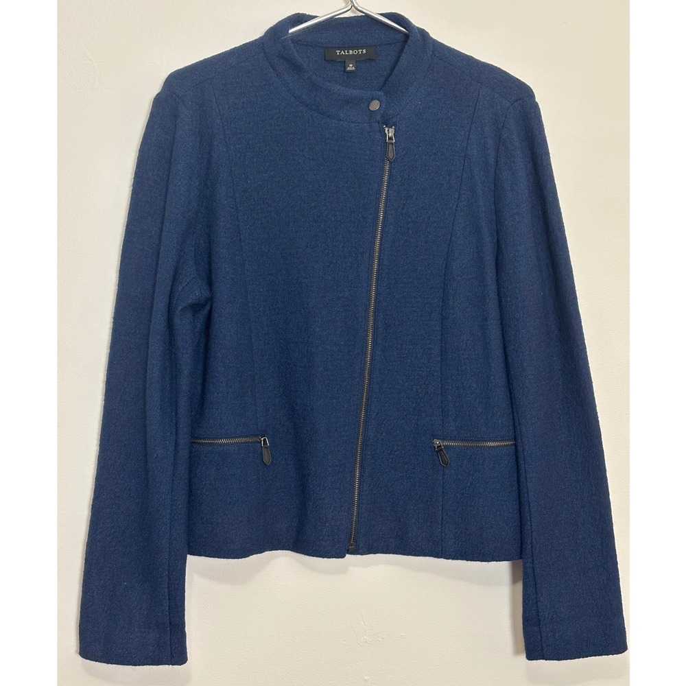 Talbots Womens Moto Jacket 10 Wool Blend Asymmetrical Zip Mock Neck Minimalist